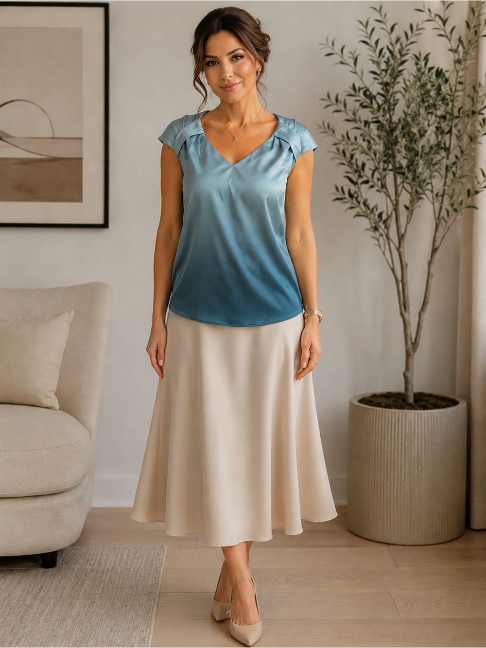 Ann Taylor Teal Ombré Short-Sleeve Blouse